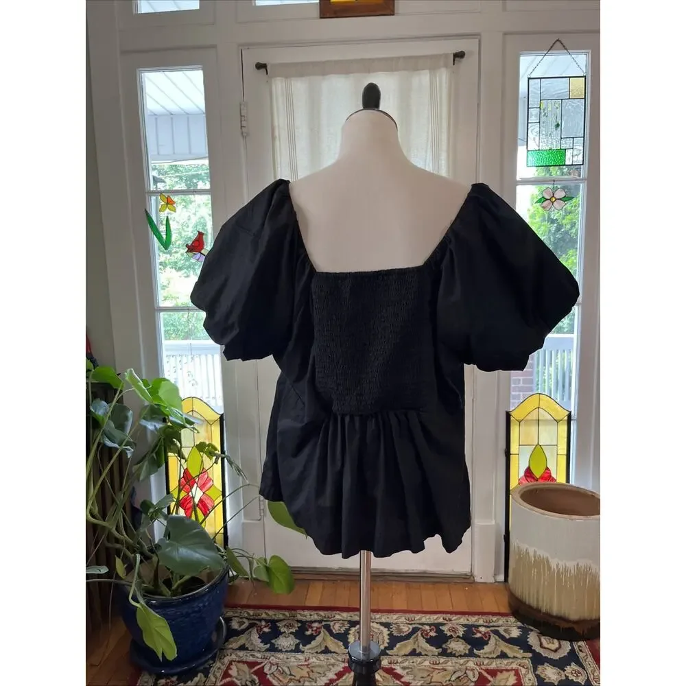 Old Navy Smocked Plus 3X Black Round Neck Short Puff Sleeve Ruffle Top Shirt